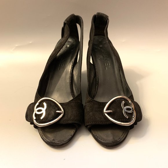 Chanel Black Suede Peep-Toe Wedge Heels - Picture 3 of 13